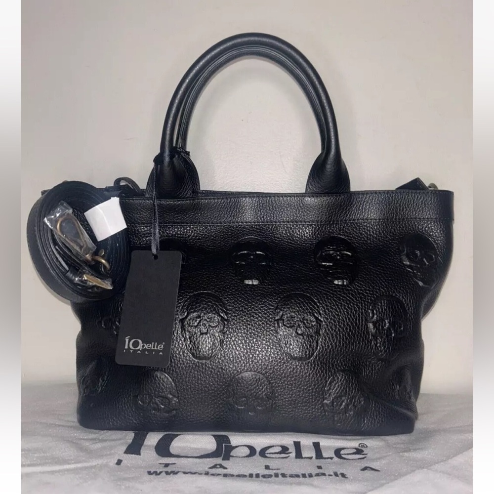 NEW! NWT IO PELLE Italy 3D Skull Leather Medium Tote Bag Black